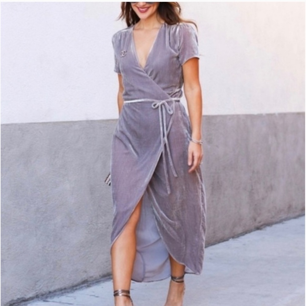 WAYF Grey Velvet Wrap Dress